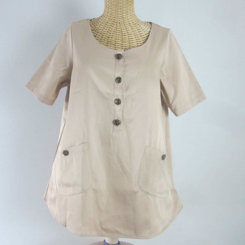 New Mina Et Bina Womens Large Beige Polished Cotton SS Tunic Shirt Print NWT